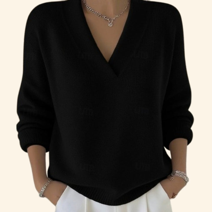 Women's Elegant V-Neck Relaxed-Fit Knit Sweater - Black
