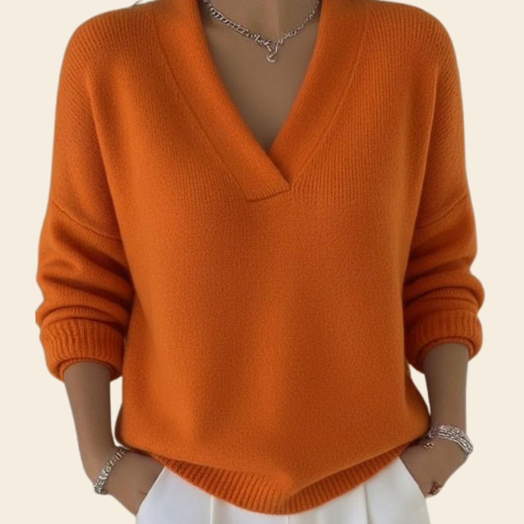 Women's Elegant V-Neck Relaxed-Fit Knit Sweater - Orange