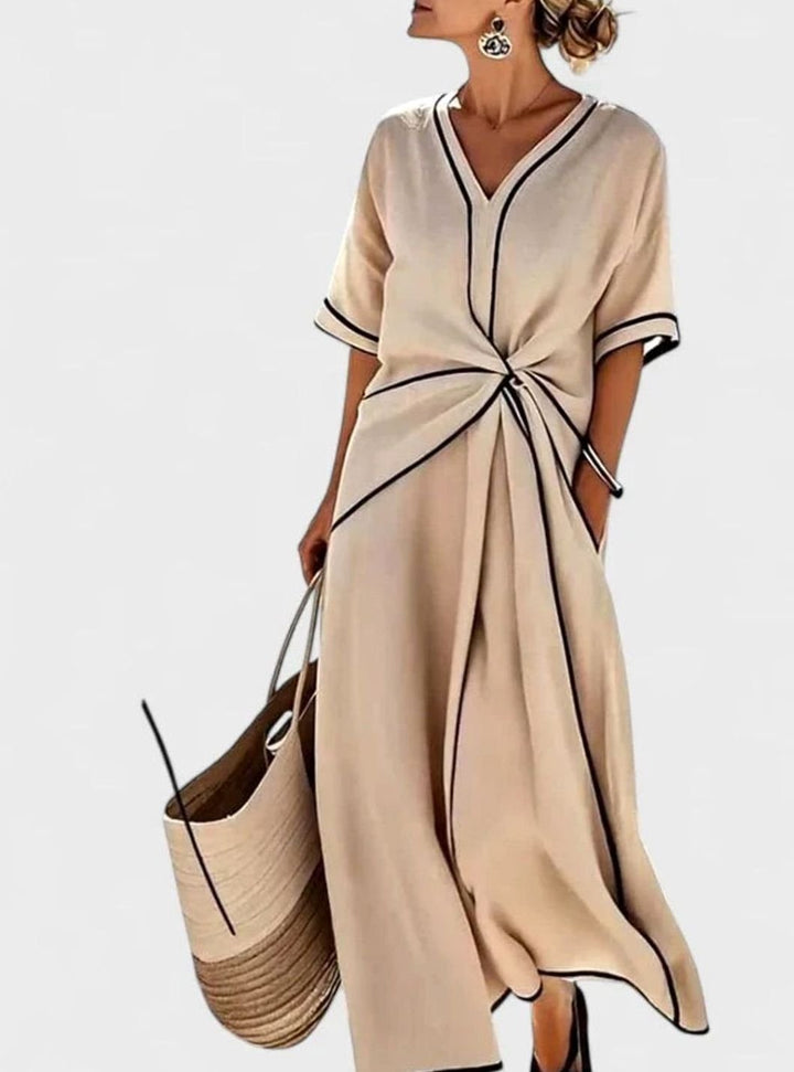Women's Elegant V-Neck Twist-Front Contrast-Trim Maxi Dress - Beige