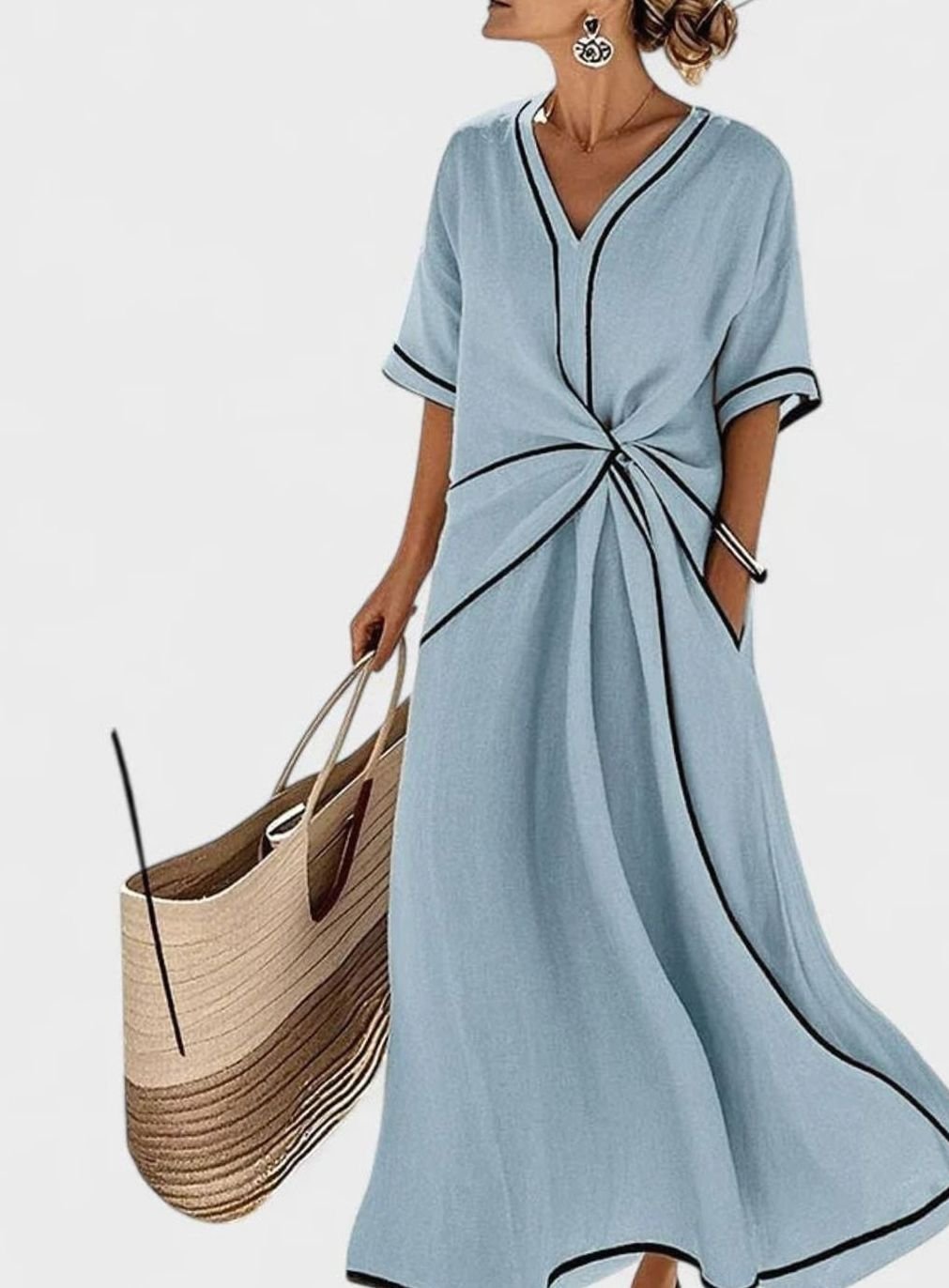 Women's Elegant V-Neck Twist-Front Contrast-Trim Maxi Dress - Blue