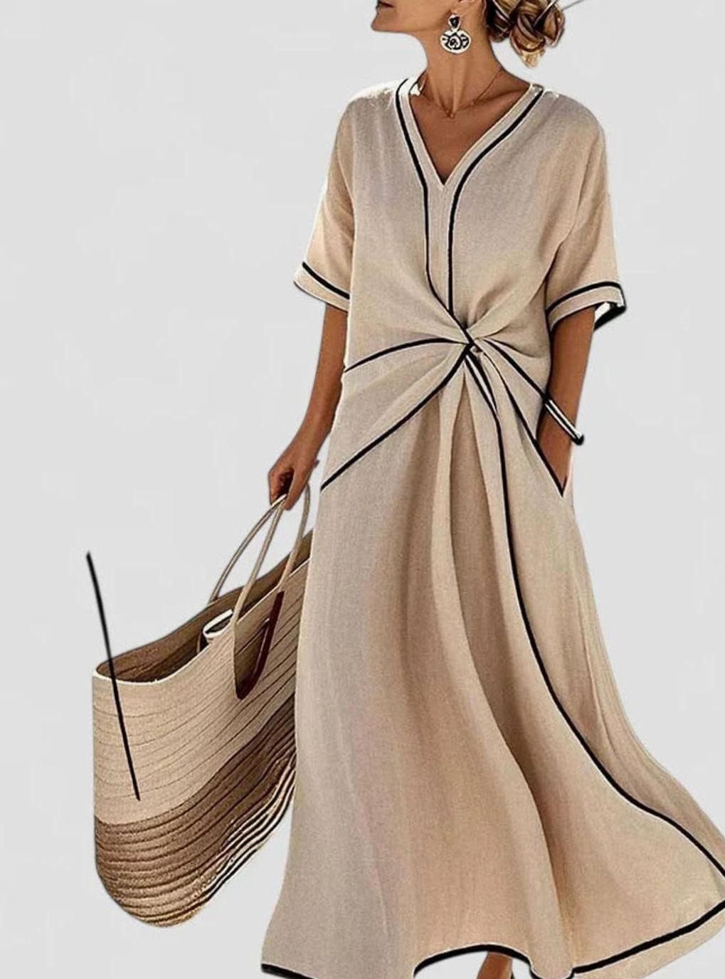 Women's Elegant V-Neck Twist-Front Contrast-Trim Maxi Dress