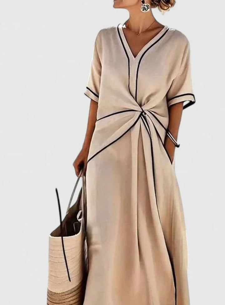 Women's Elegant V-Neck Twist-Front Contrast-Trim Maxi Dress