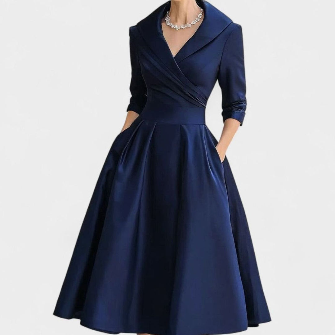 Women's Elegant V-Neck Wrap-Bodice Flared Midi Dress - Navy Blue