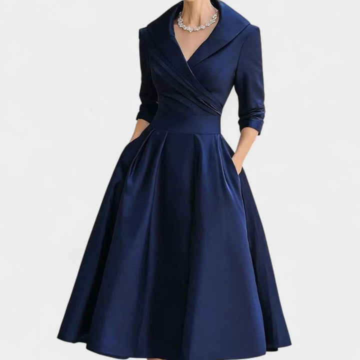 Women's Elegant V-Neck Wrap-Bodice Flared Midi Dress - Navy Blue