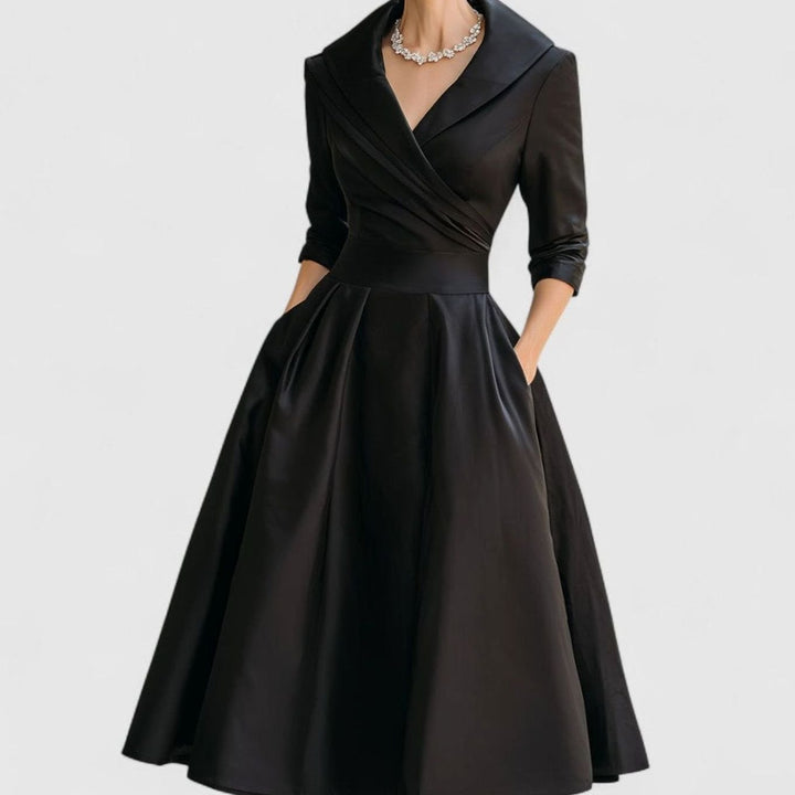 Women's Elegant V-Neck Wrap-Bodice Flared Midi Dress - Black