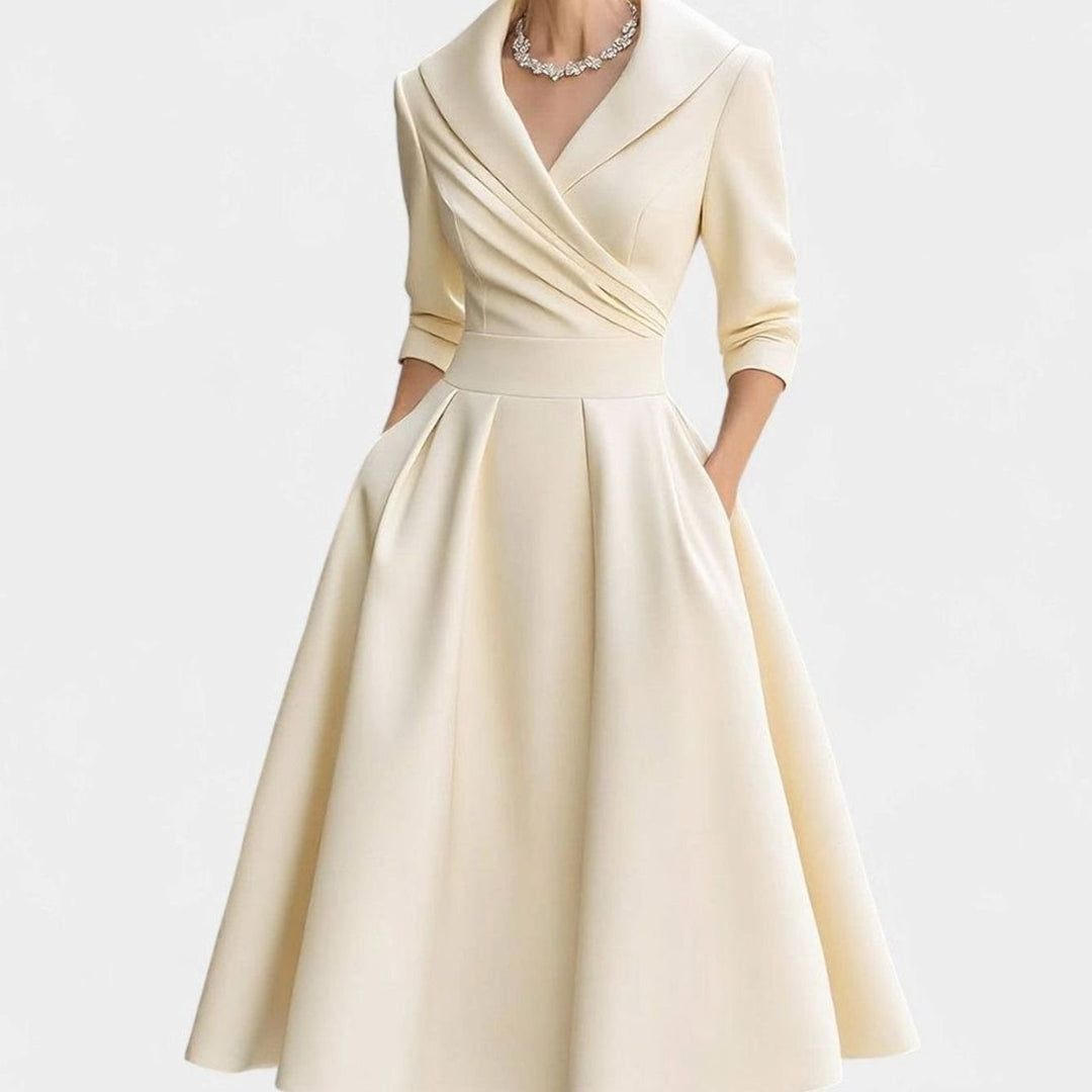 Women's Elegant V-Neck Wrap-Bodice Flared Midi Dress - Beige