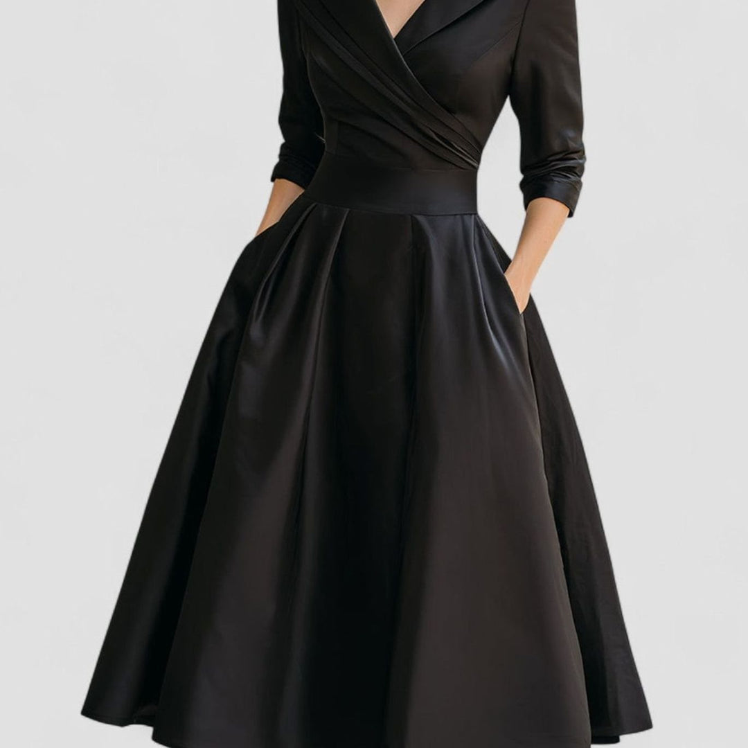 Women's Elegant V-Neck Wrap-Bodice Flared Midi Dress