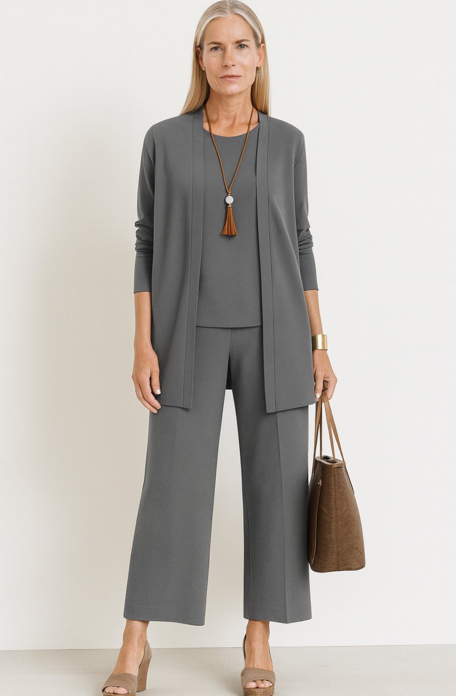 Women's Elegant Wide-Leg Open-Front Cardigan 3-Piece Set - Gray
