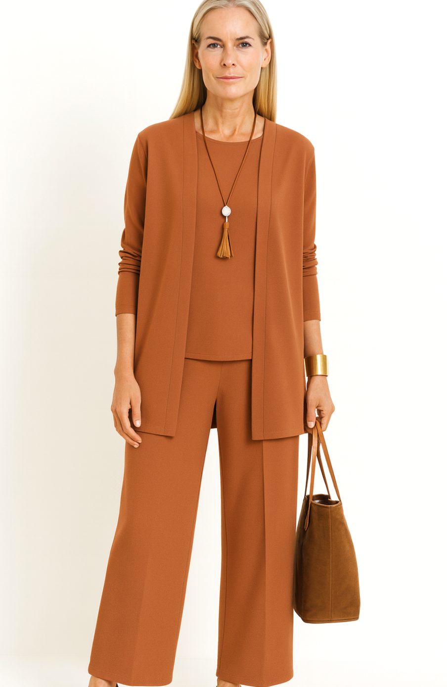 Women's Elegant Wide-Leg Open-Front Cardigan 3-Piece Set - Light Brown