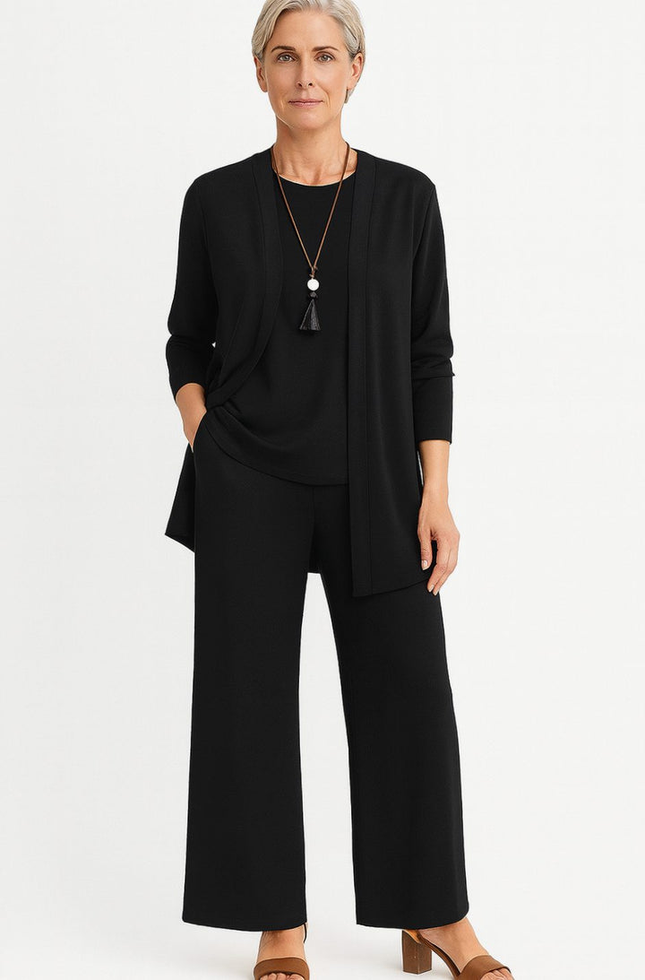 Women's Elegant Wide-Leg Open-Front Cardigan 3-Piece Set - Black