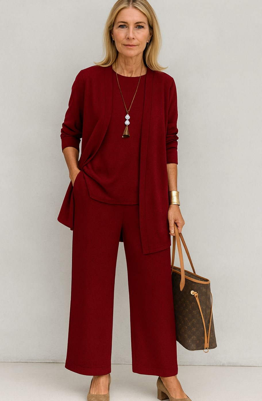 Women's Elegant Wide-Leg Open-Front Cardigan 3-Piece Set - Red