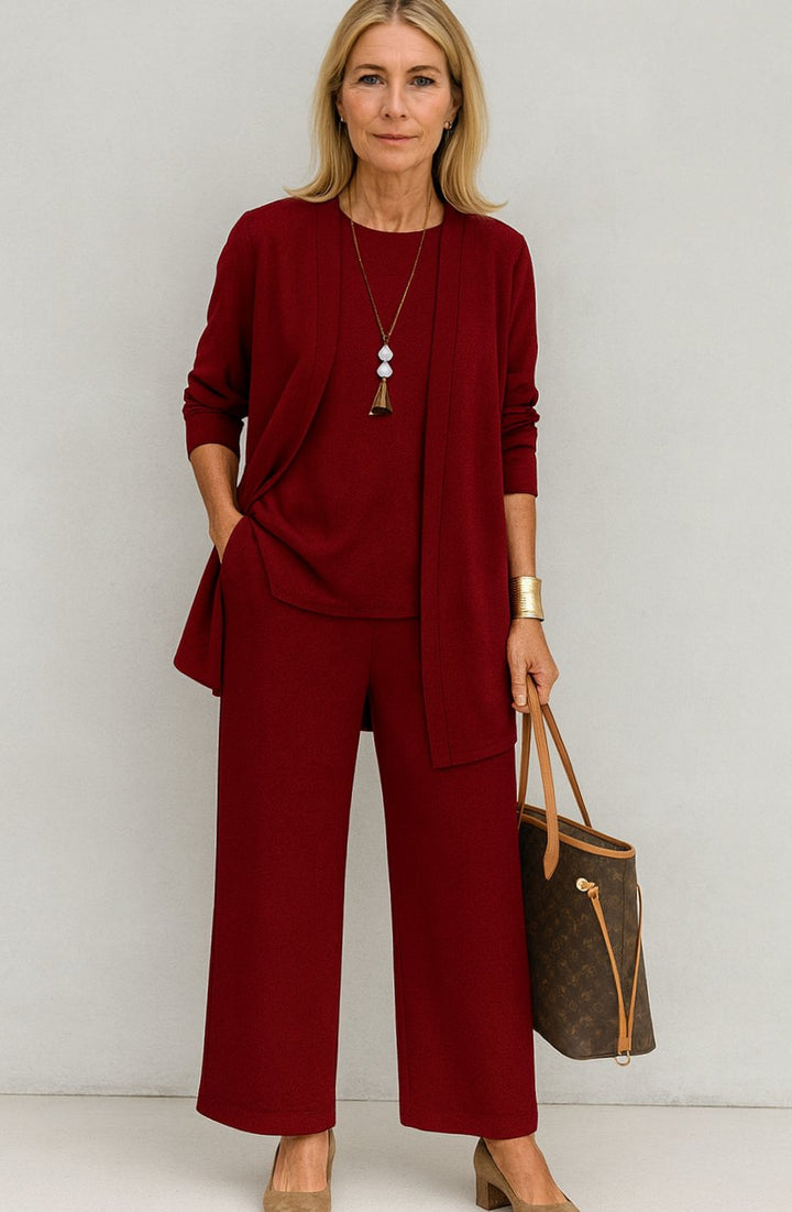Women's Elegant Wide-Leg Open-Front Cardigan 3-Piece Set - Red