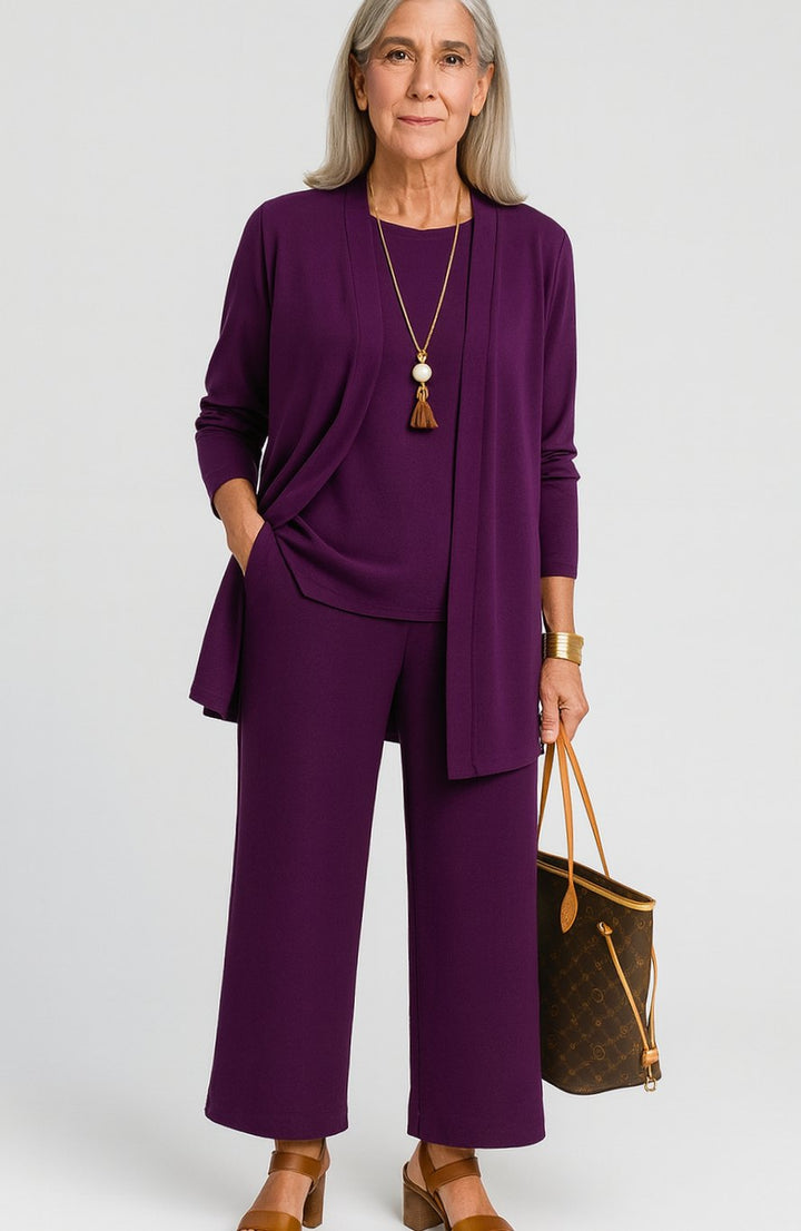 Women's Elegant Wide-Leg Open-Front Cardigan 3-Piece Set - Purple