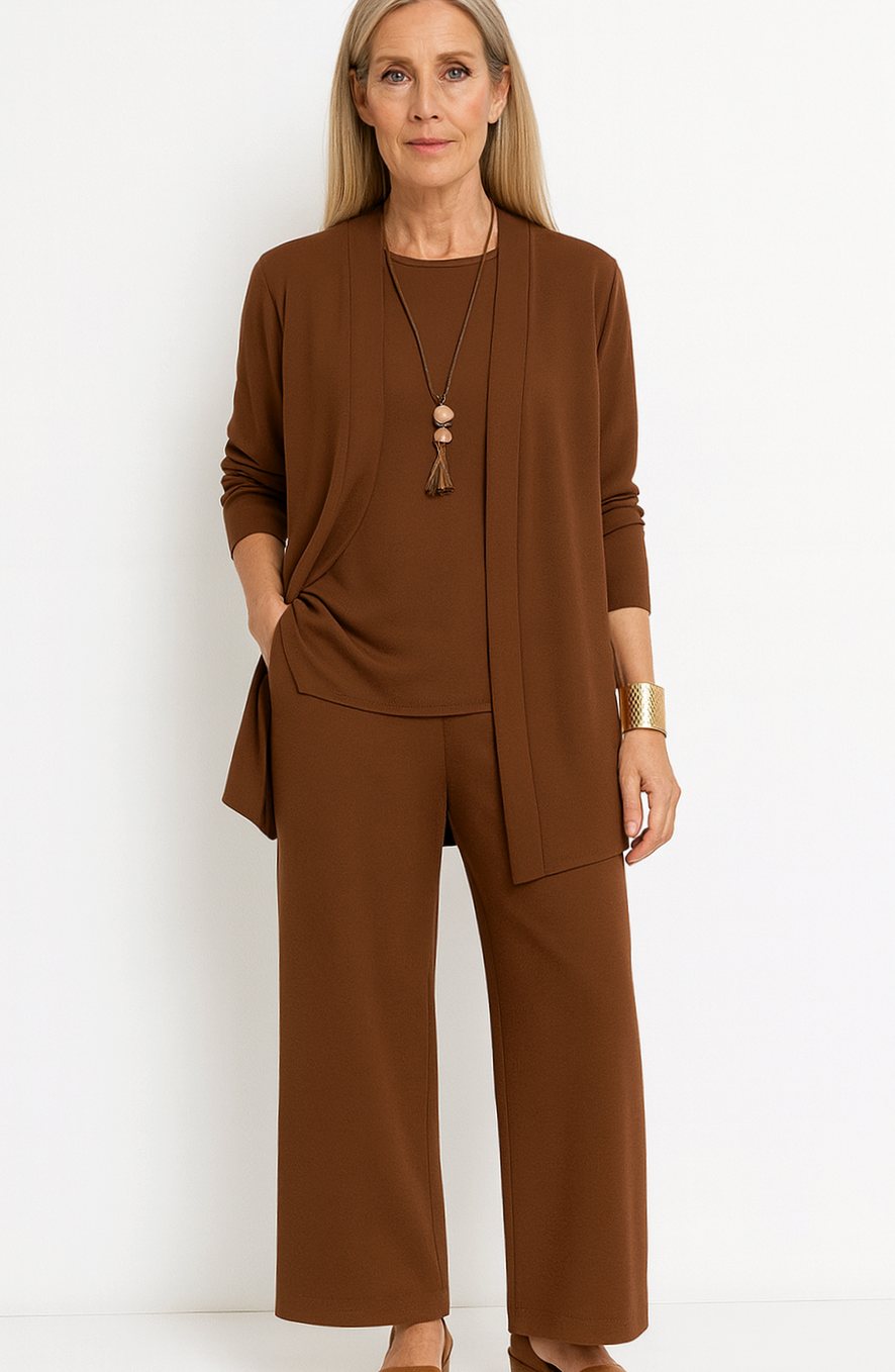 Women's Elegant Wide-Leg Open-Front Cardigan 3-Piece Set - Brown