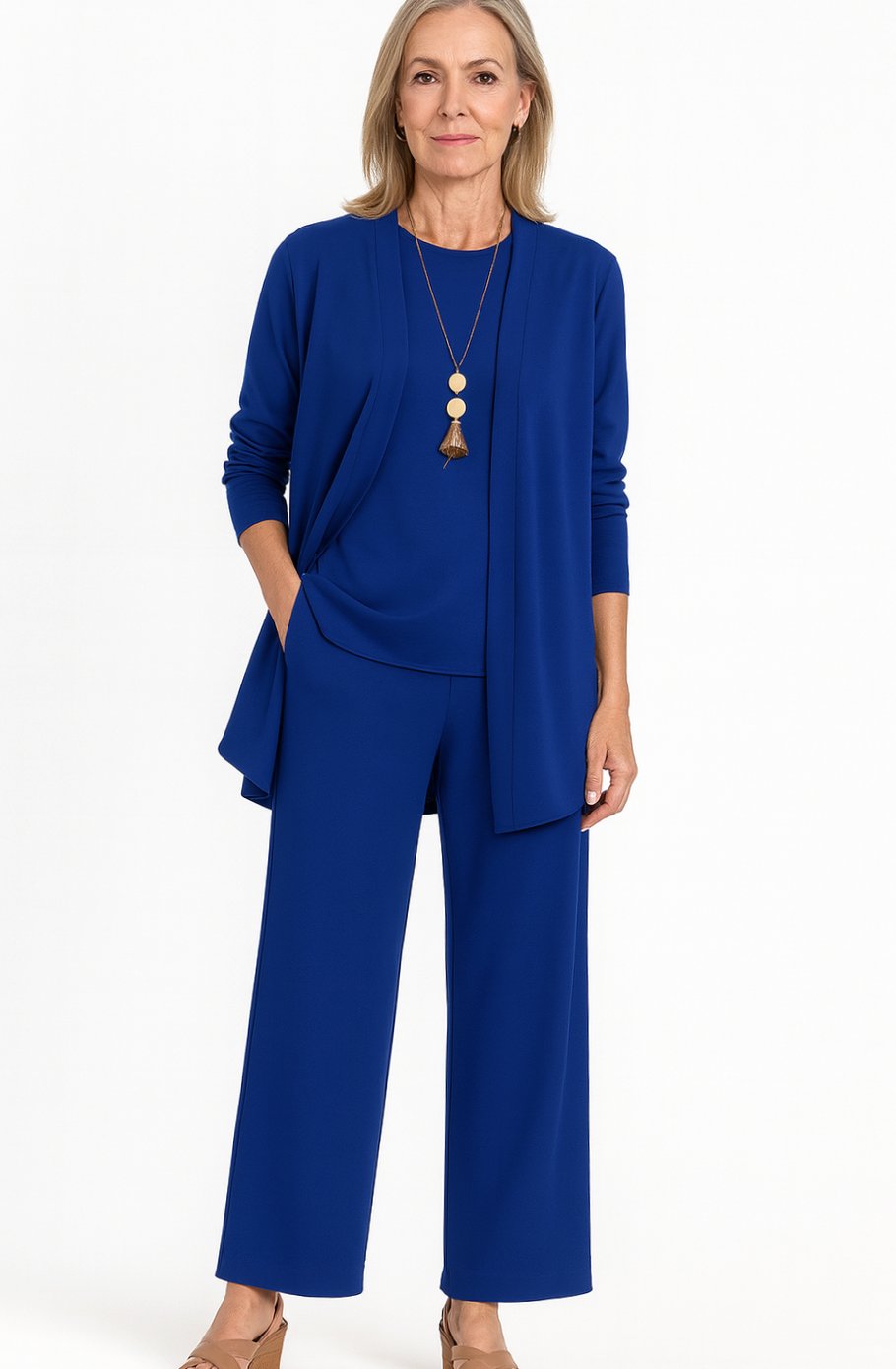 Women's Elegant Wide-Leg Open-Front Cardigan 3-Piece Set - Blue