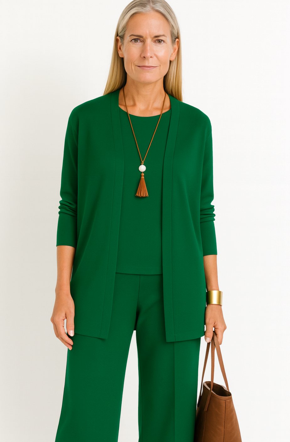 Women's Elegant Wide-Leg Open-Front Cardigan 3-Piece Set - Green