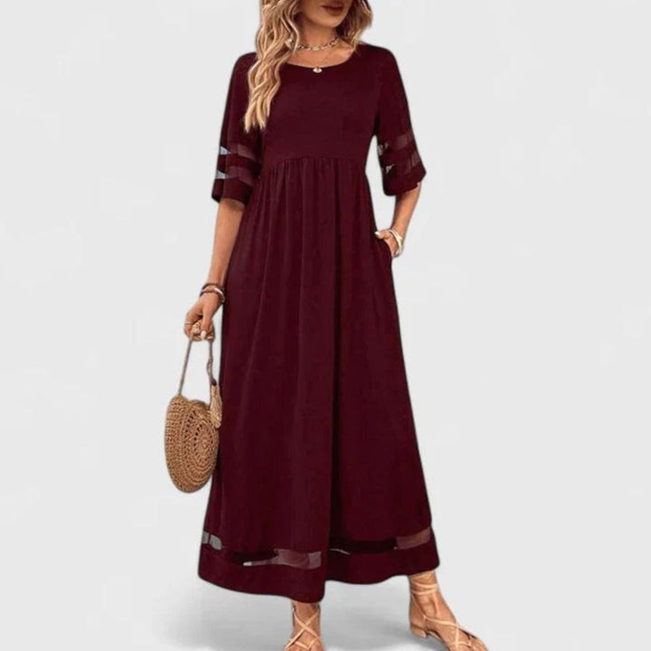Women's Empire Waist Midi Dress Mesh-Trim Half-Sleeve Flowing Skirt - Red