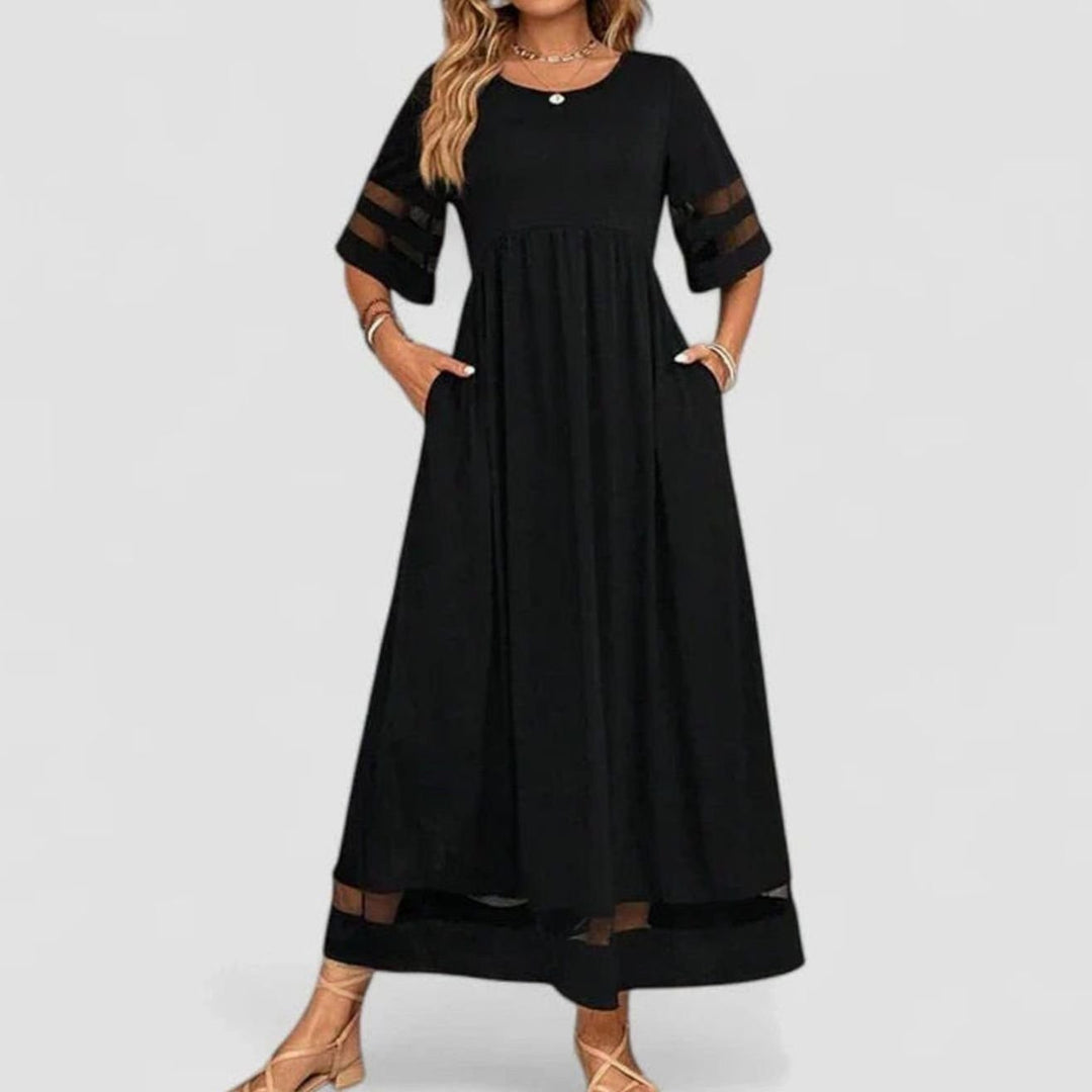 Women's Empire Waist Midi Dress Mesh-Trim Half-Sleeve Flowing Skirt