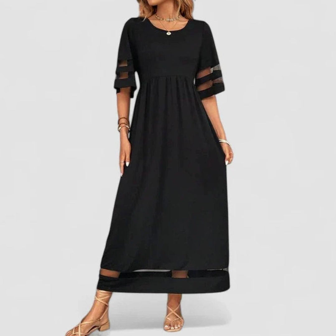 Women's Empire Waist Midi Dress Mesh-Trim Half-Sleeve Flowing Skirt - Black