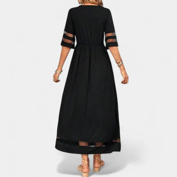 Women's Empire Waist Midi Dress Mesh-Trim Half-Sleeve Flowing Skirt