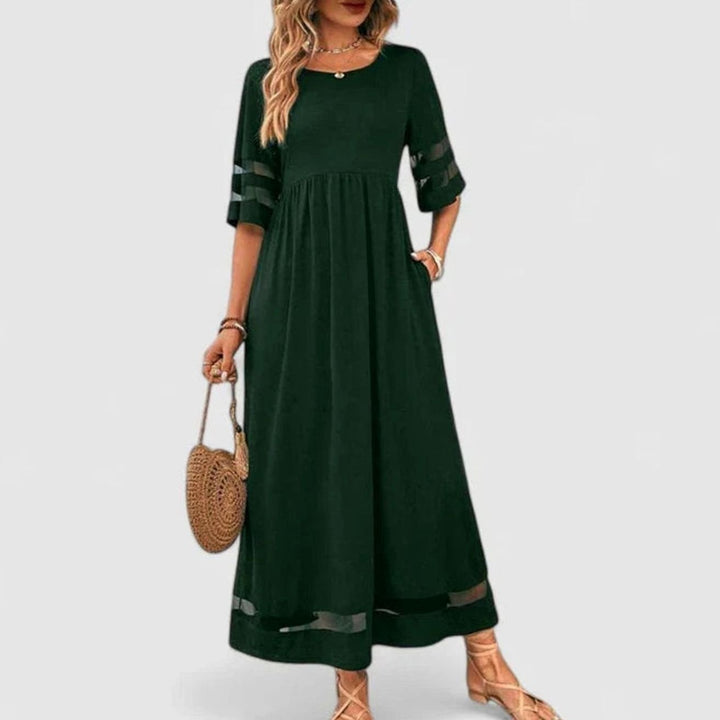 Women's Empire Waist Midi Dress Mesh-Trim Half-Sleeve Flowing Skirt - Green