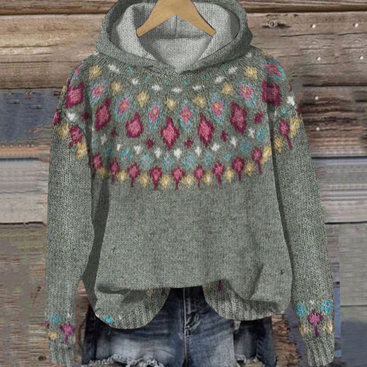 Women's Fair Isle Knit Comfortable Hoodie Pullover Sweater - Gray
