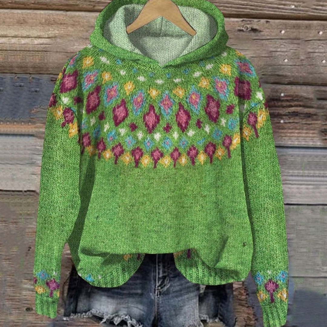 Women's Fair Isle Knit Comfortable Hoodie Pullover Sweater - Green