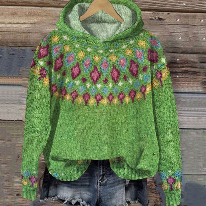Women's Fair Isle Knit Comfortable Hoodie Pullover Sweater - Green