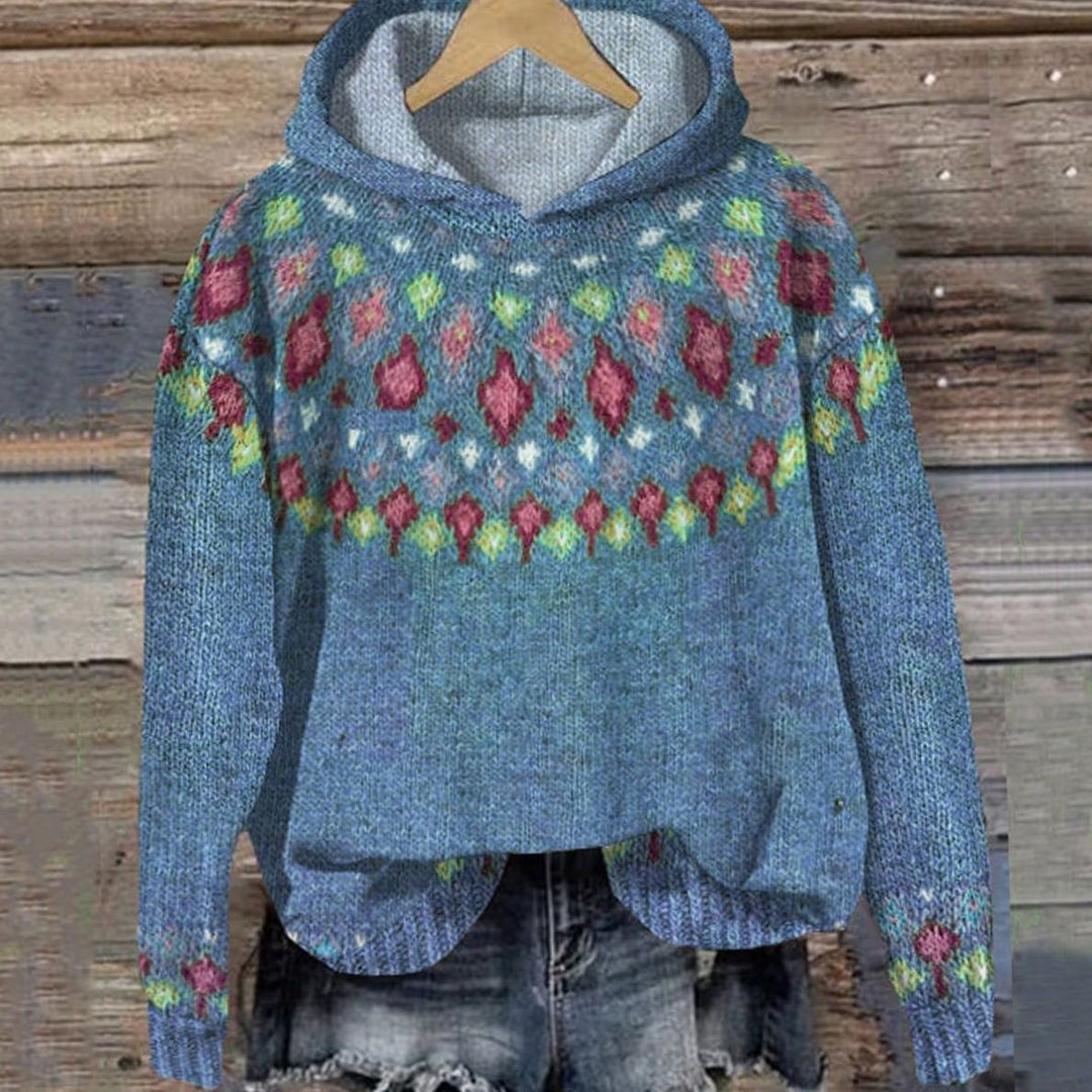 Women's Fair Isle Knit Comfortable Hoodie Pullover Sweater - Blue
