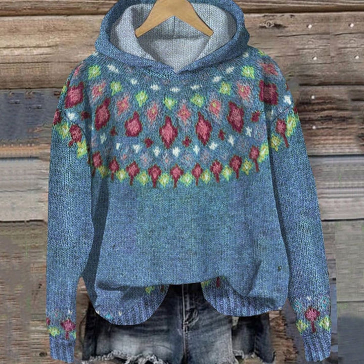Women's Fair Isle Knit Comfortable Hoodie Pullover Sweater - Blue