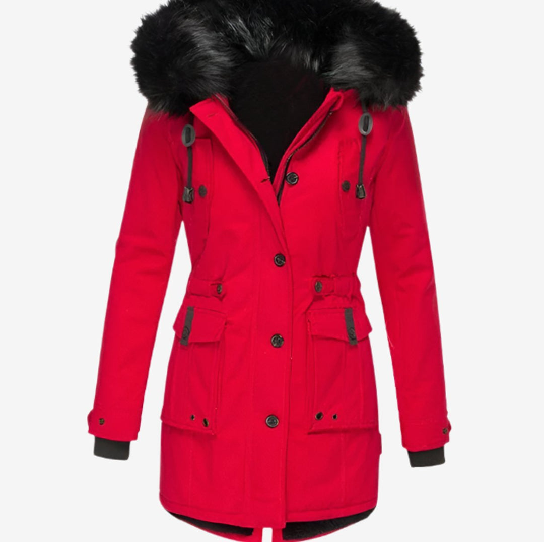 Women's Faux Fur Hooded Fitted Winter Coat - Red