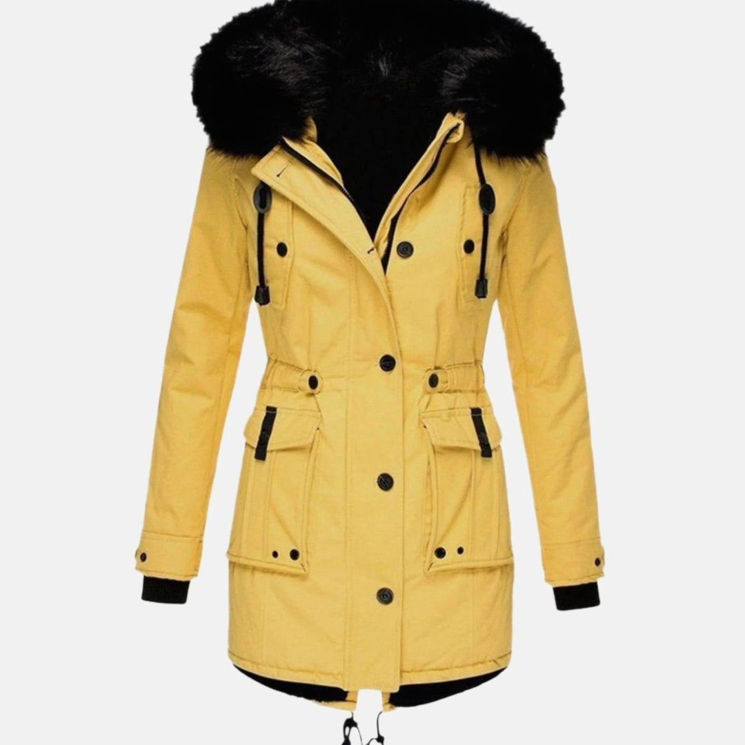 Women's Faux Fur Hooded Fitted Winter Coat - Yellow