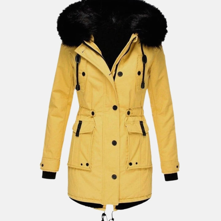 Women's Faux Fur Hooded Fitted Winter Coat - Yellow