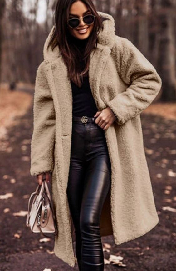 Women's Faux Fur Hooded Longline Oversized Winter Coat - Beige