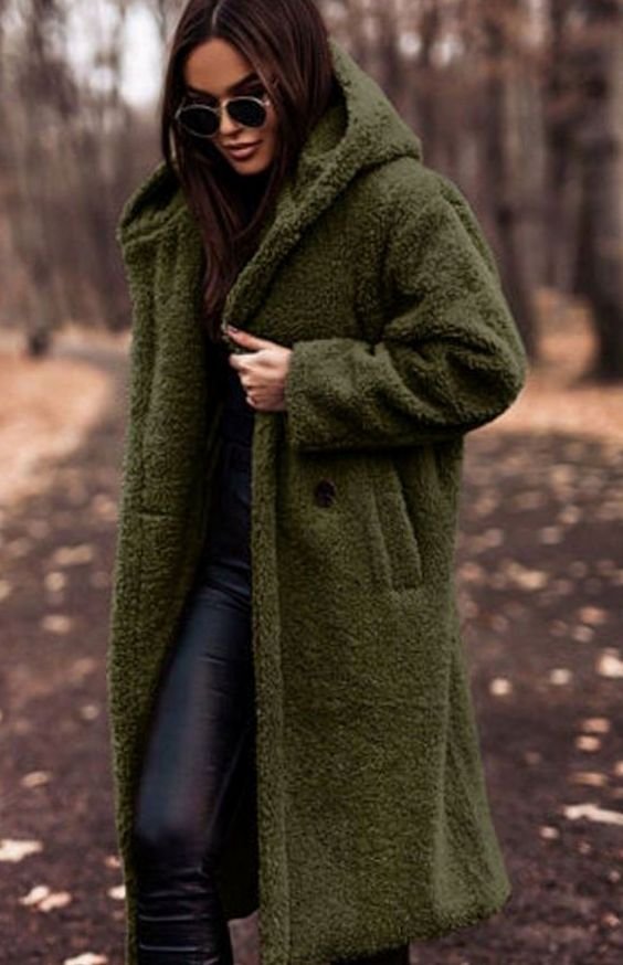 Women's Faux Fur Hooded Longline Oversized Winter Coat - Green