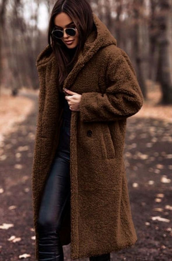 Women's Faux Fur Hooded Longline Oversized Winter Coat - Brown