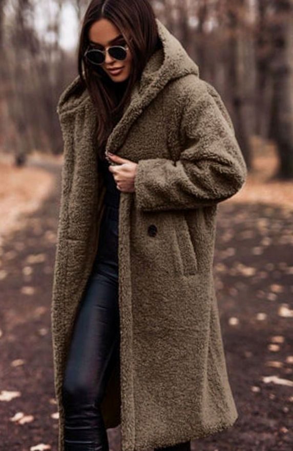 Women's Faux Fur Hooded Longline Oversized Winter Coat - Khaki