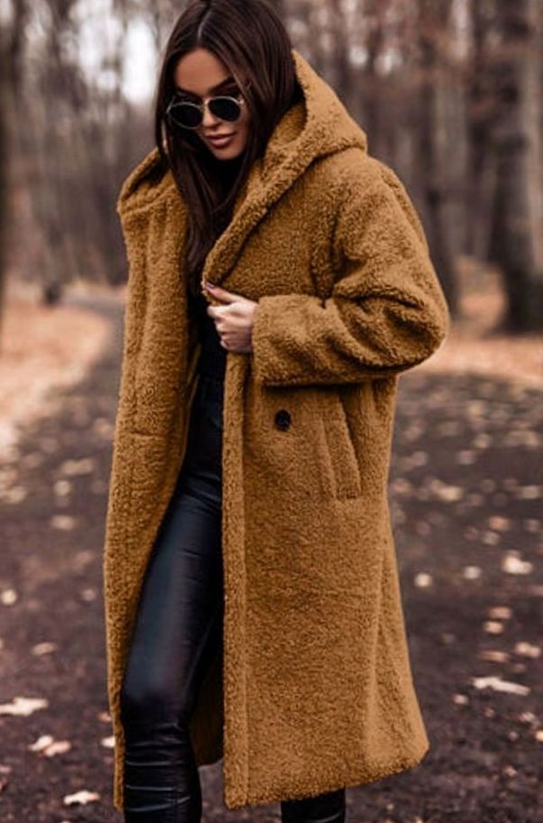 Women's Faux Fur Hooded Longline Oversized Winter Coat - Caramel