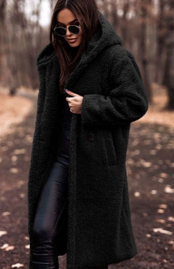 Women's Faux Fur Hooded Longline Oversized Winter Coat - Black