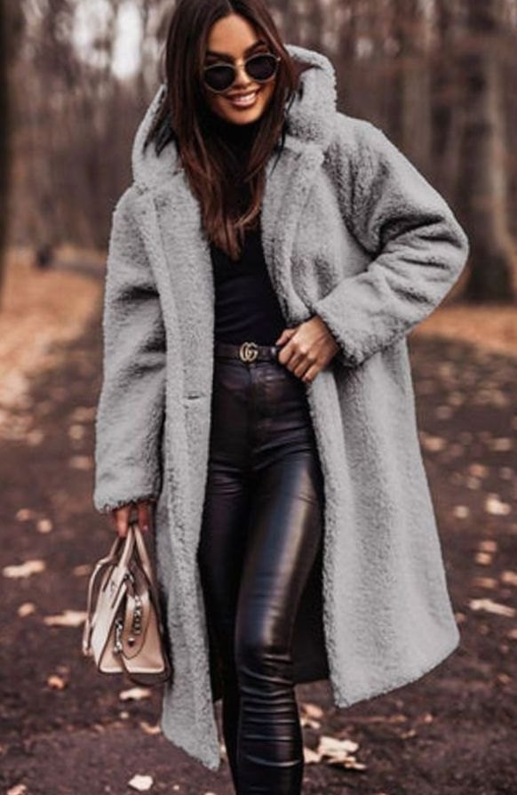 Women's Faux Fur Hooded Longline Oversized Winter Coat - Gray