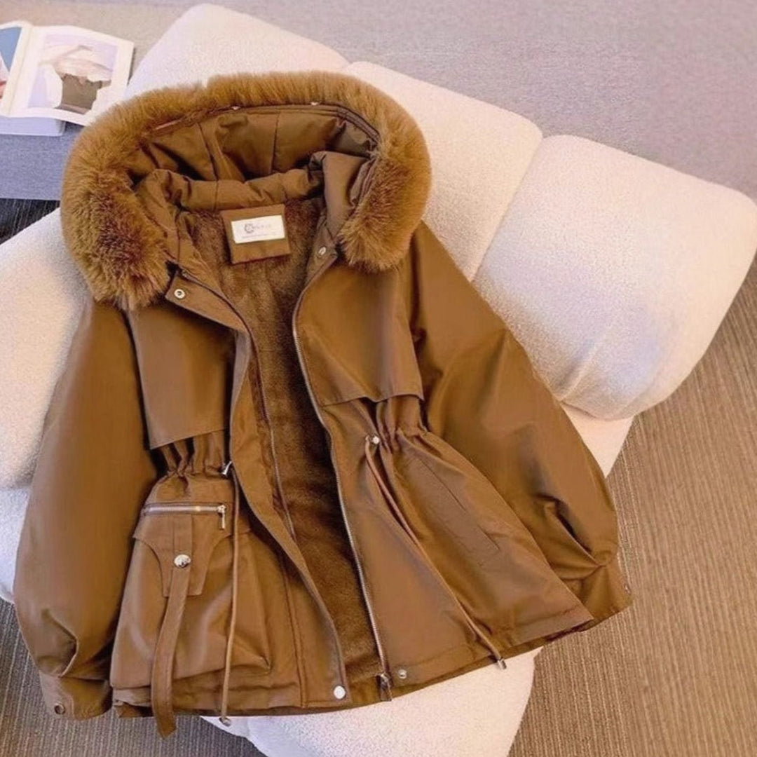 Women's Faux Fur-Trimmed Fleece-Lined Drawstring Winter Coat - Brown