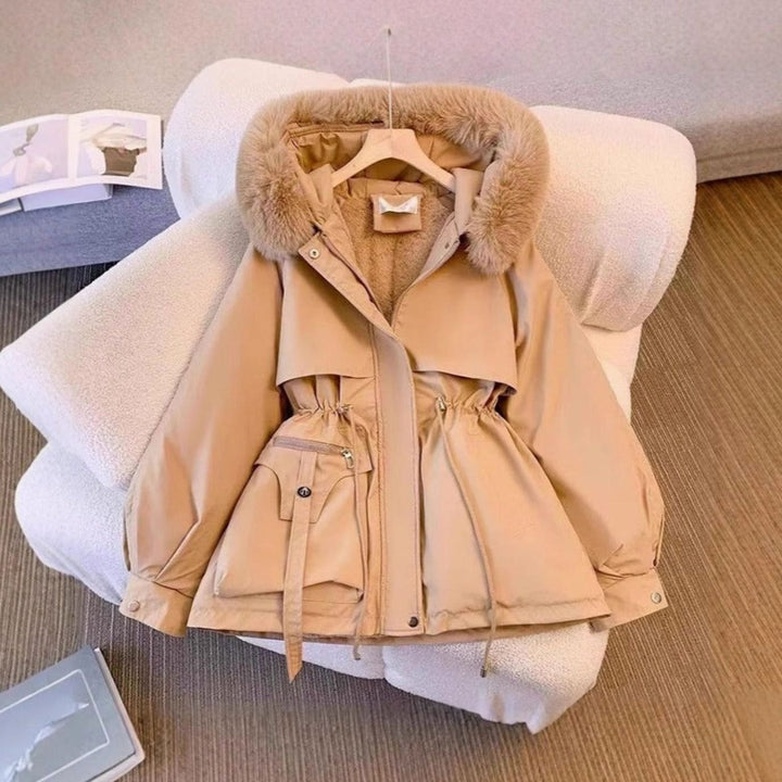 Women's Faux Fur-Trimmed Fleece-Lined Drawstring Winter Coat - Khaki