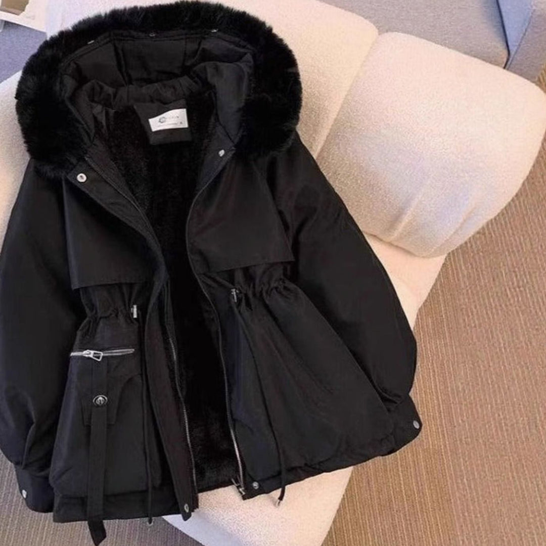 Women's Faux Fur-Trimmed Fleece-Lined Drawstring Winter Coat - Black
