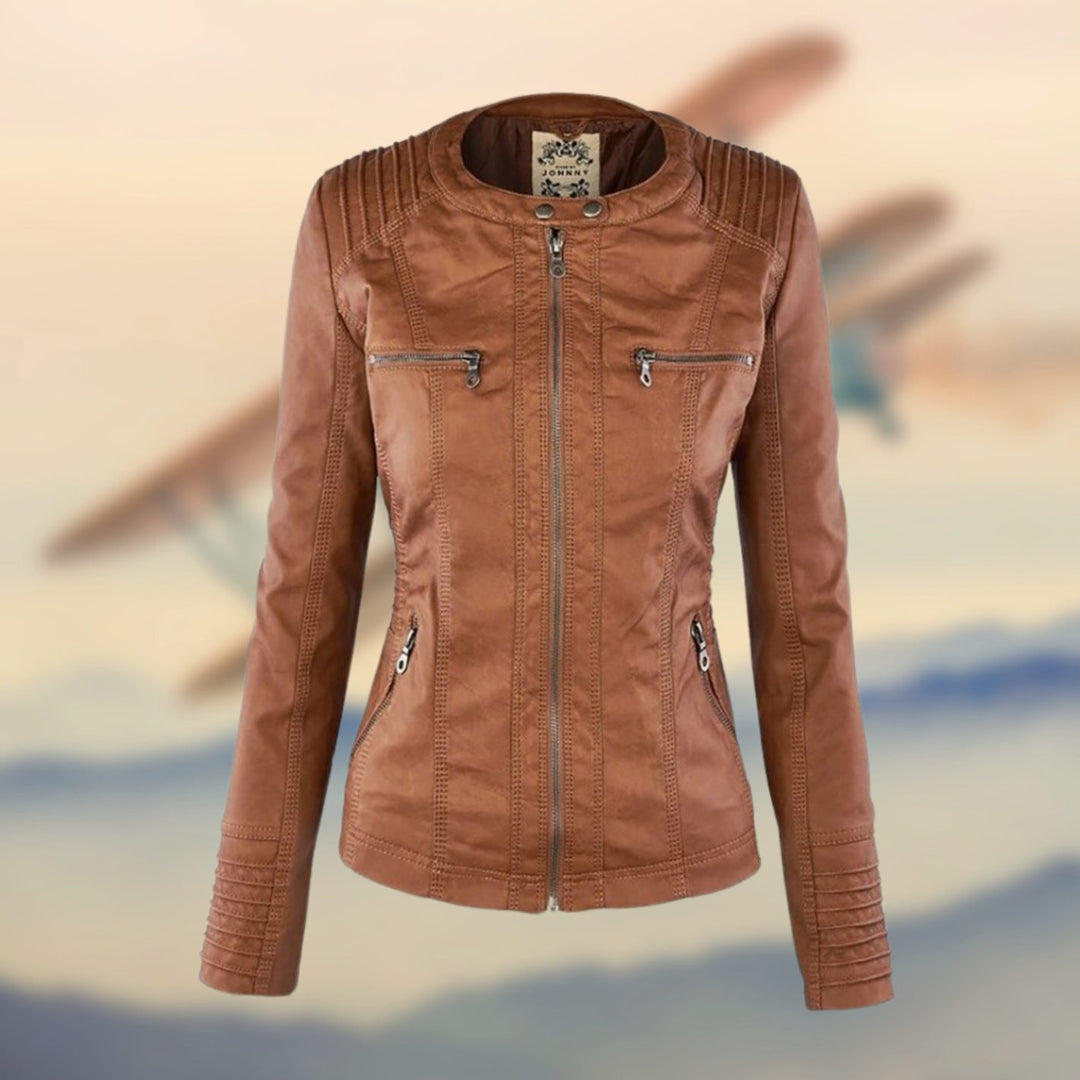 Women's Faux Leather Ribbed-Shoulder Zip-Up Biker Jacket - Gold