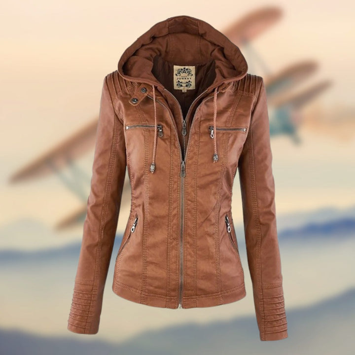Women's Faux Leather Ribbed-Shoulder Zip-Up Biker Jacket