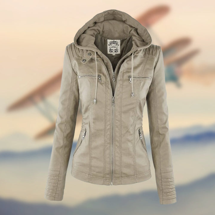 Women's Faux Leather Ribbed-Shoulder Zip-Up Biker Jacket - Beige