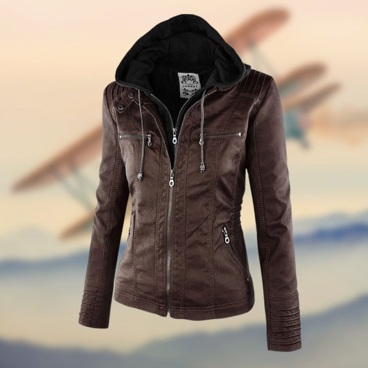 Women's Faux Leather Ribbed-Shoulder Zip-Up Biker Jacket - Brown