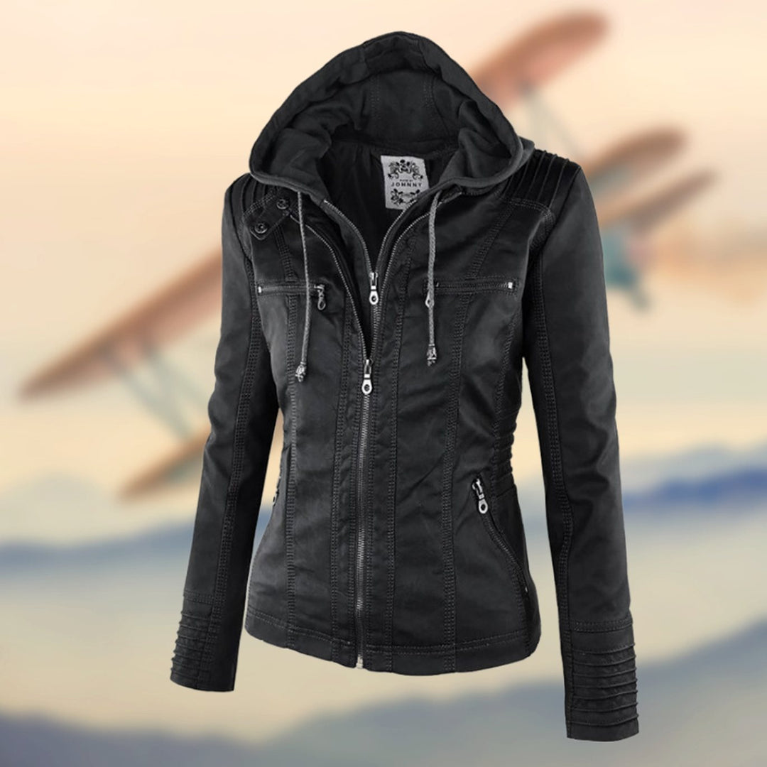 Women's Faux Leather Ribbed-Shoulder Zip-Up Biker Jacket - Black