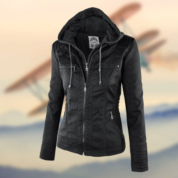 Women's Faux Leather Ribbed-Shoulder Zip-Up Biker Jacket - Black