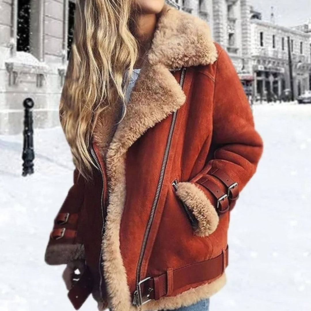 Women's Faux Sherpa-Lined Suede Moto Jacket Oversized Collar - Orange